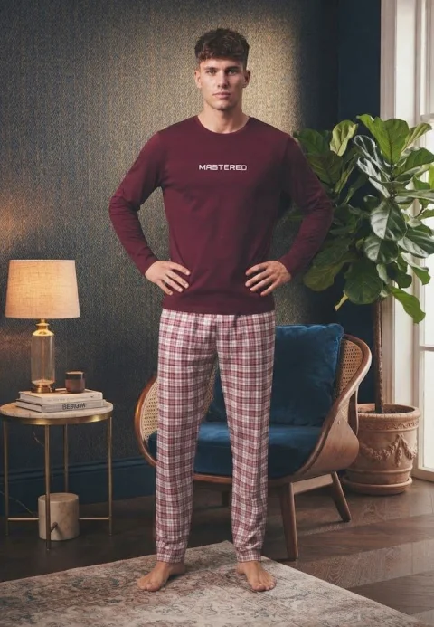 Pijama pentru bărbați, Bluză mânecă lungă cu imprimeu „MASTERED” și Pantalon lung în carouri