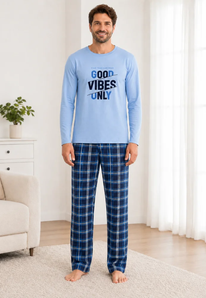 Pijama Bărbați cu Mânecă Lungă, Bluză Imprimeu „Good Vibes Only” și Pantalon în Carouri, Albastru Deschis / Bleumarin