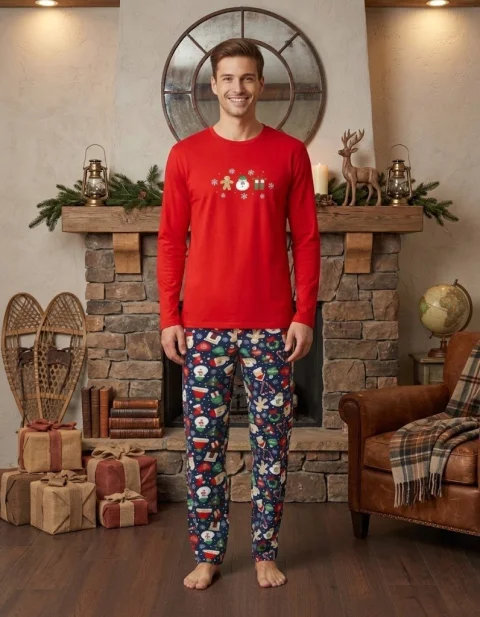 Pijama barbat Crăciun clasic roșu cu om de zăpadă, pijama completă cu mânecă lungă și pantaloni lungi — imagine 1