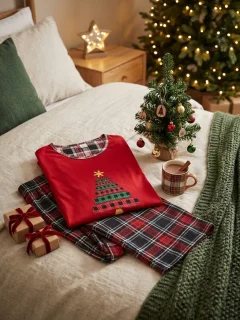 Pijama Dama Festiva de Craciun – Bluza Rosie cu Imprimeu Bradut si Pantaloni Carouri Red&Black