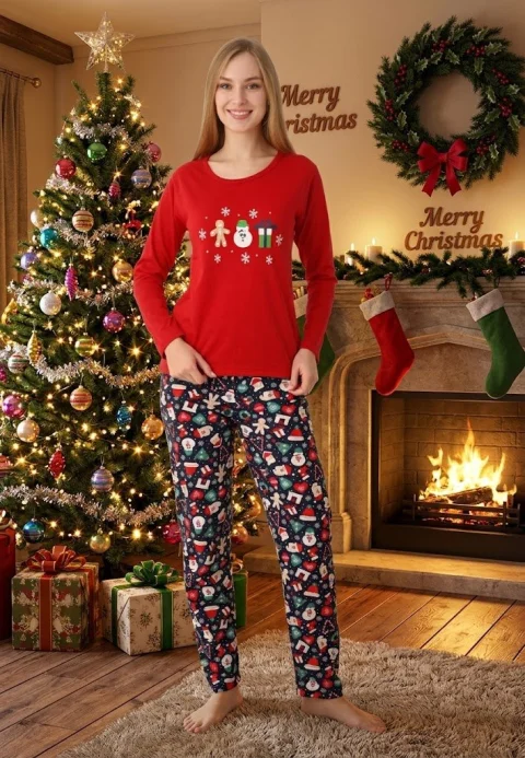 Pijama dama craciun roșu, model om de zăpadă, set cu mânecă lungă și pantaloni lungi — imagine 1