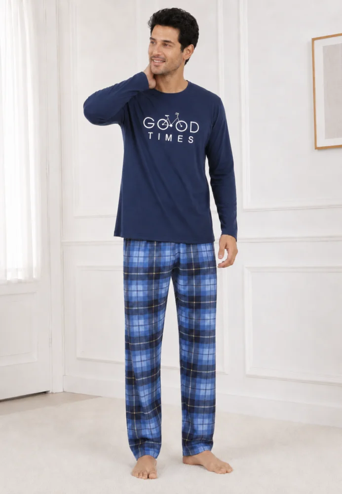 Pijama Bărbați cu Mânecă Lungă, Bluză cu Imprimeu Cărți de Joc și Pantalon în Carouri — imagine 3