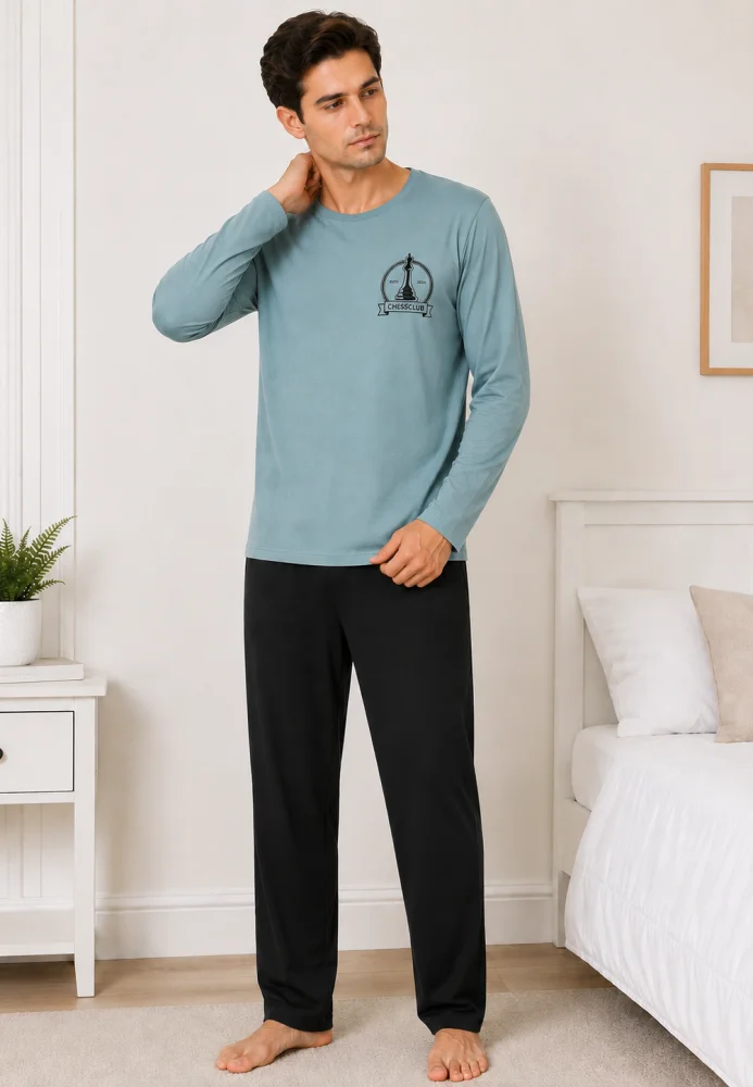 Pijama barbati cu maneca lunga si pantalon lung-albastru deschis — imagine 3