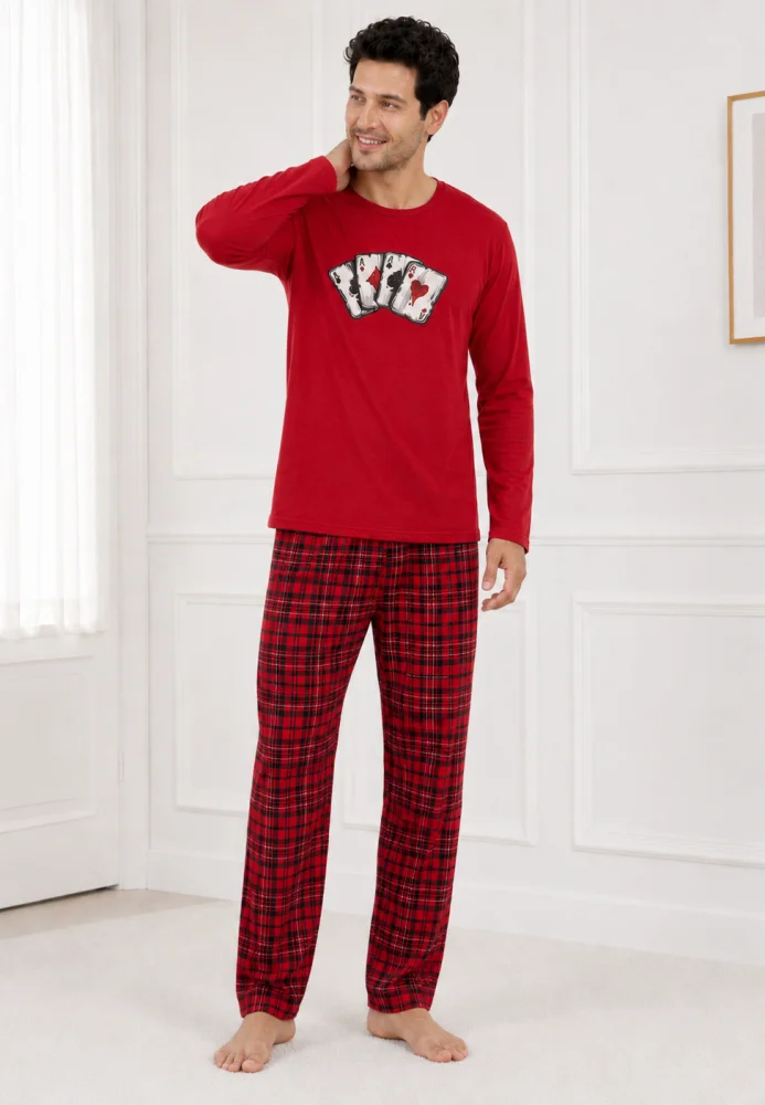 Pijama Bărbați cu Mânecă Lungă, Bluză Roșie cu Imprimeu Cărți de Joc și Pantalon în Carouri, Roșu / Negru — imagine 3