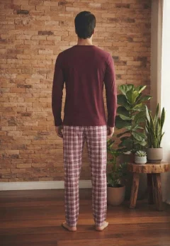 Pijama pentru bărbați, Bluză mânecă lungă cu imprimeu „Balance” și Pantalon lung în carouri