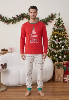 Pijama de Crăciun pentru Bărbați – Bluză Roșie cu Imprimeu și Pantaloni Cu Model Festiv