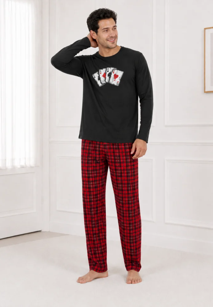 Pijama Bărbați cu Mânecă Lungă, Bluză Neagră cu Imprimeu Cărți de Joc și Pantalon în Carouri, Negru / Roșu — imagine 4