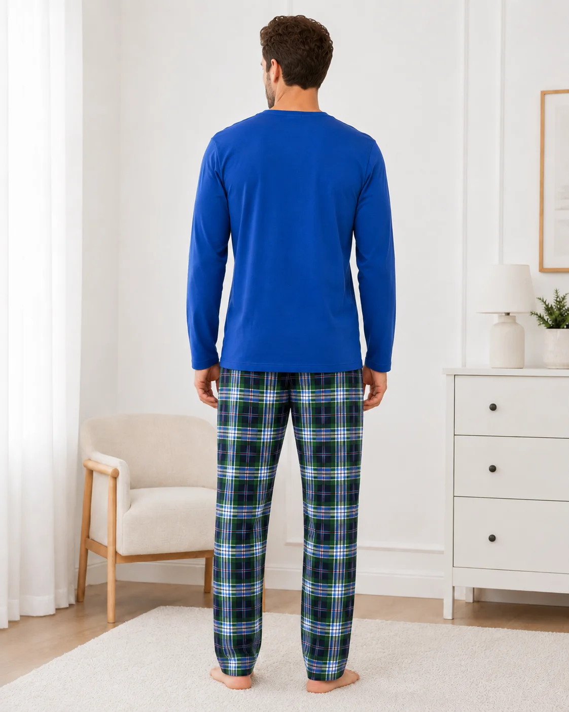 Pijama bărbați, Bluză cu gât în V și mânecă lungă, Pantalon lung în carouri,Albastru — imagine 2