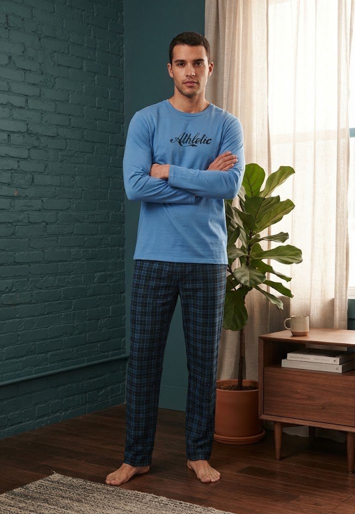 Pijama pentru bărbați, Bluză mânecă lungă cu imprimeu „Athletic” și Pantalon lung în carouri