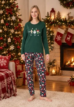 Pijama dama craciun model verde, imprimeu om de zăpadă, set cu mânecă și pantaloni lungi