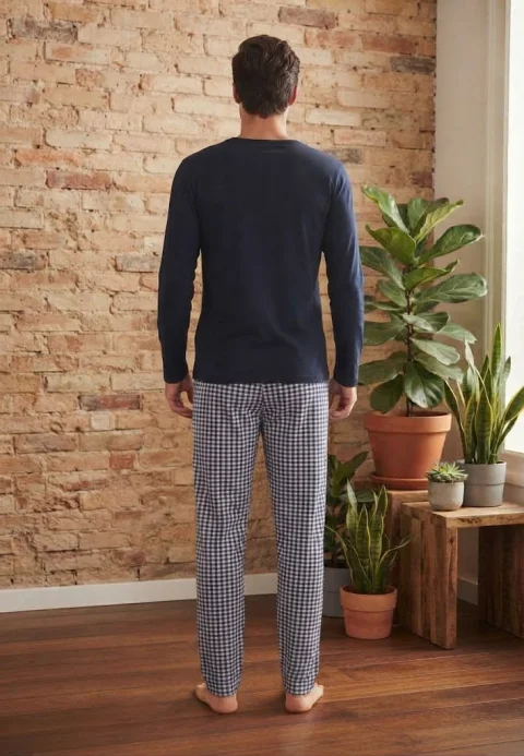 Pijama pentru bărbați, Bluză mânecă lungă cu imprimeu „Positive Department” și Pantalon lung în carouri mici