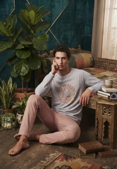 Pijama pentru bărbați, Bluză mânecă lungă cu imprimeu „Natural Rider” și Pantalon lung