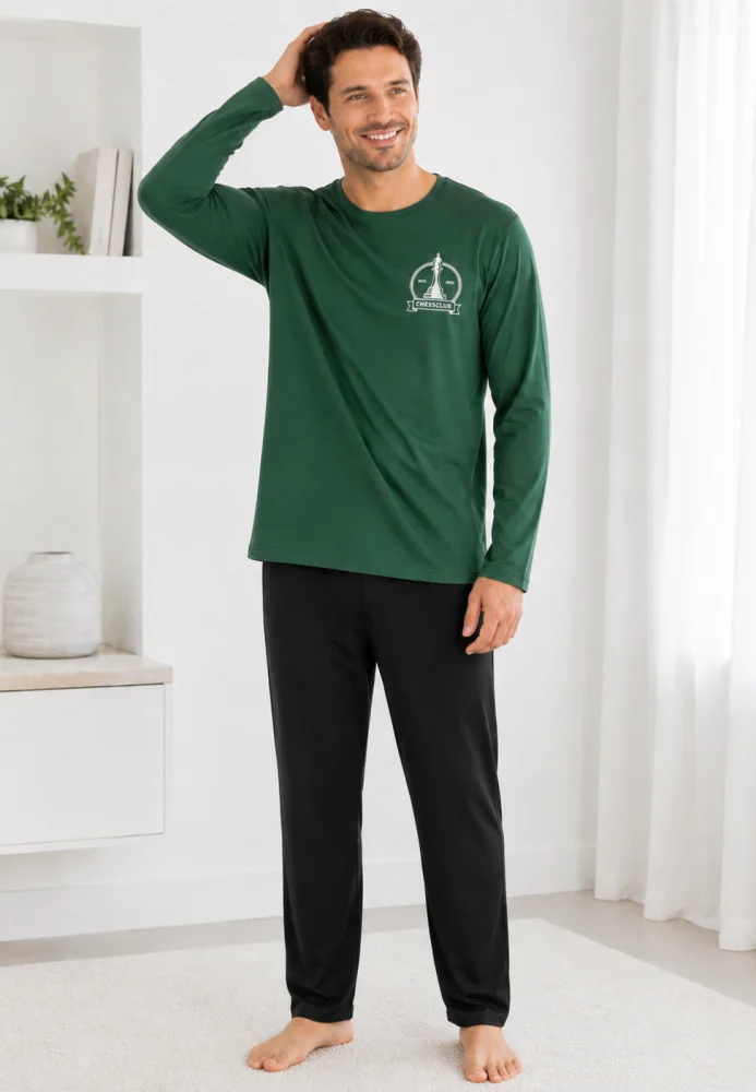 Pijama barbati cu maneca lunga si pantalon lung-Verde — imagine 1