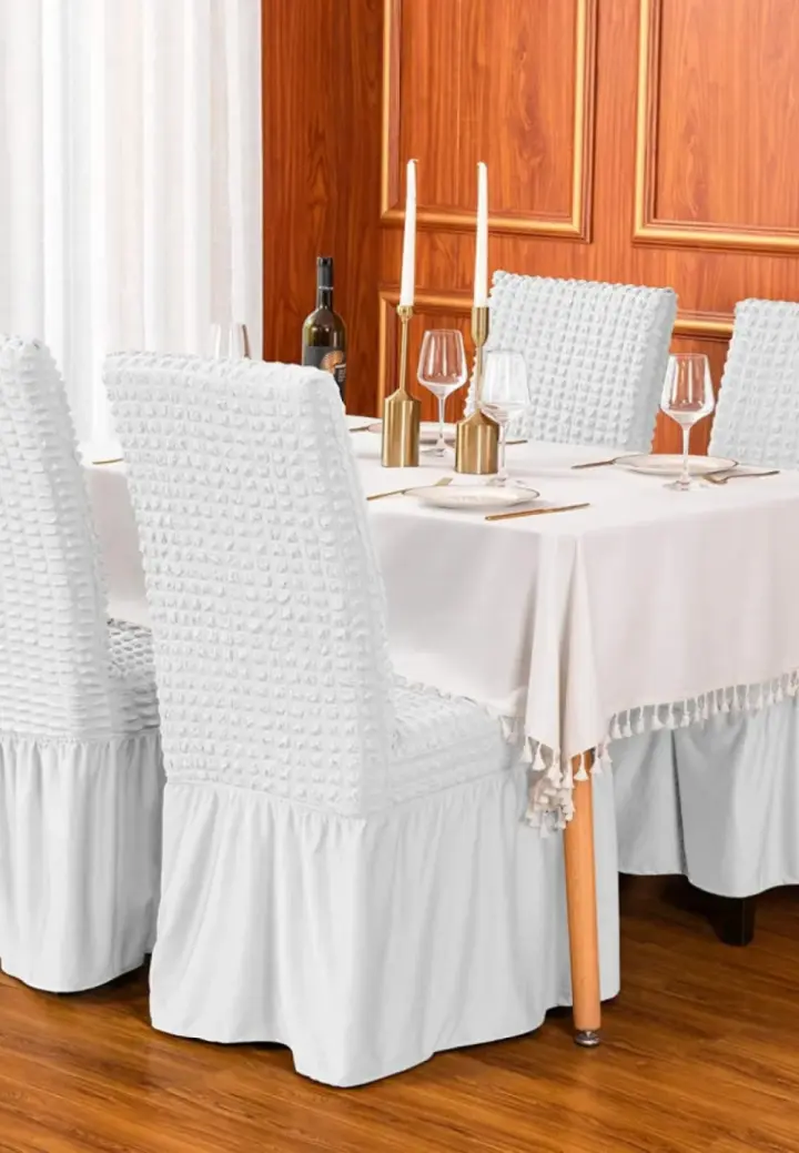 Set 6 Huse Creponate pentru Scaune cu Volănașe, Alb Elegant, Material Elastic