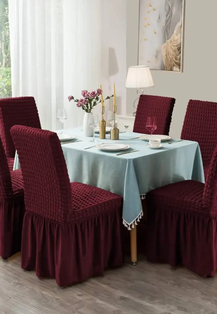 Set 6 Huse Creponate pentru Scaune cu Volănașe, Bordo Elegant, Material Elastic