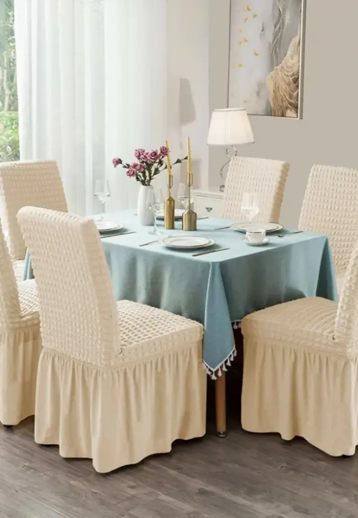 Set 6 Huse Creponate pentru Scaune cu Volănașe, Crem Elegant, Material Elastic