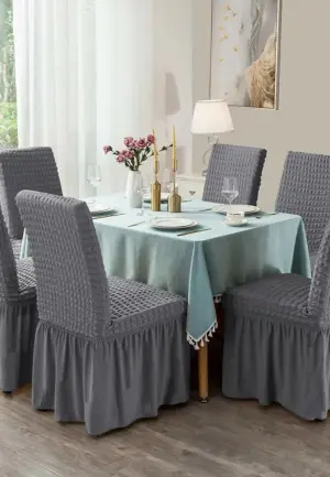 Set 6 Huse Creponate pentru Scaune cu Volănașe, Gri inchis Elegant, Material Elastic