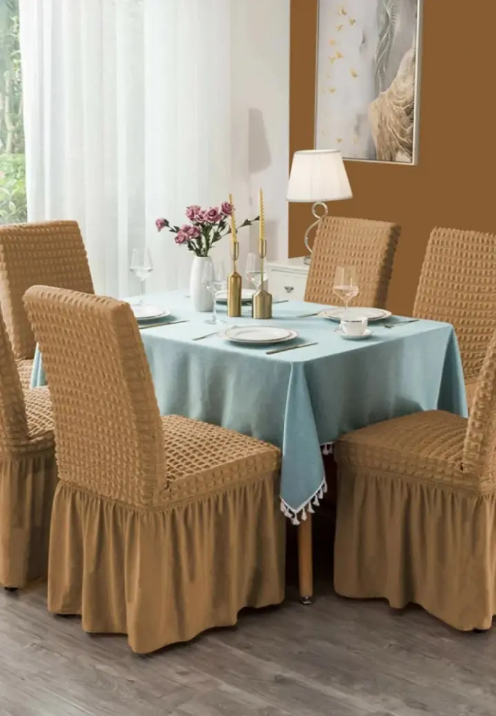 Set 6 Huse Creponate pentru Scaune cu Volănașe, Maro Deschis Elegant, Material Elastic