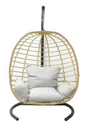 Leagăn Grădină Oval Poliratan Crem cu Pernă Tapițată